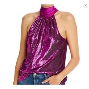 NWT $325 Ramy Brook Lori High Neck Halter Tank Top Pleated Sequins Purple Medium